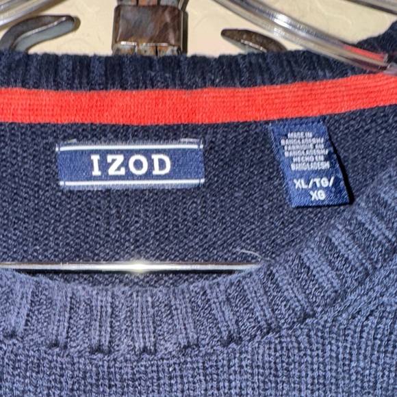 Izod Men's Navy and Green Striped Crewneck Sweater - Picture 3 of 5